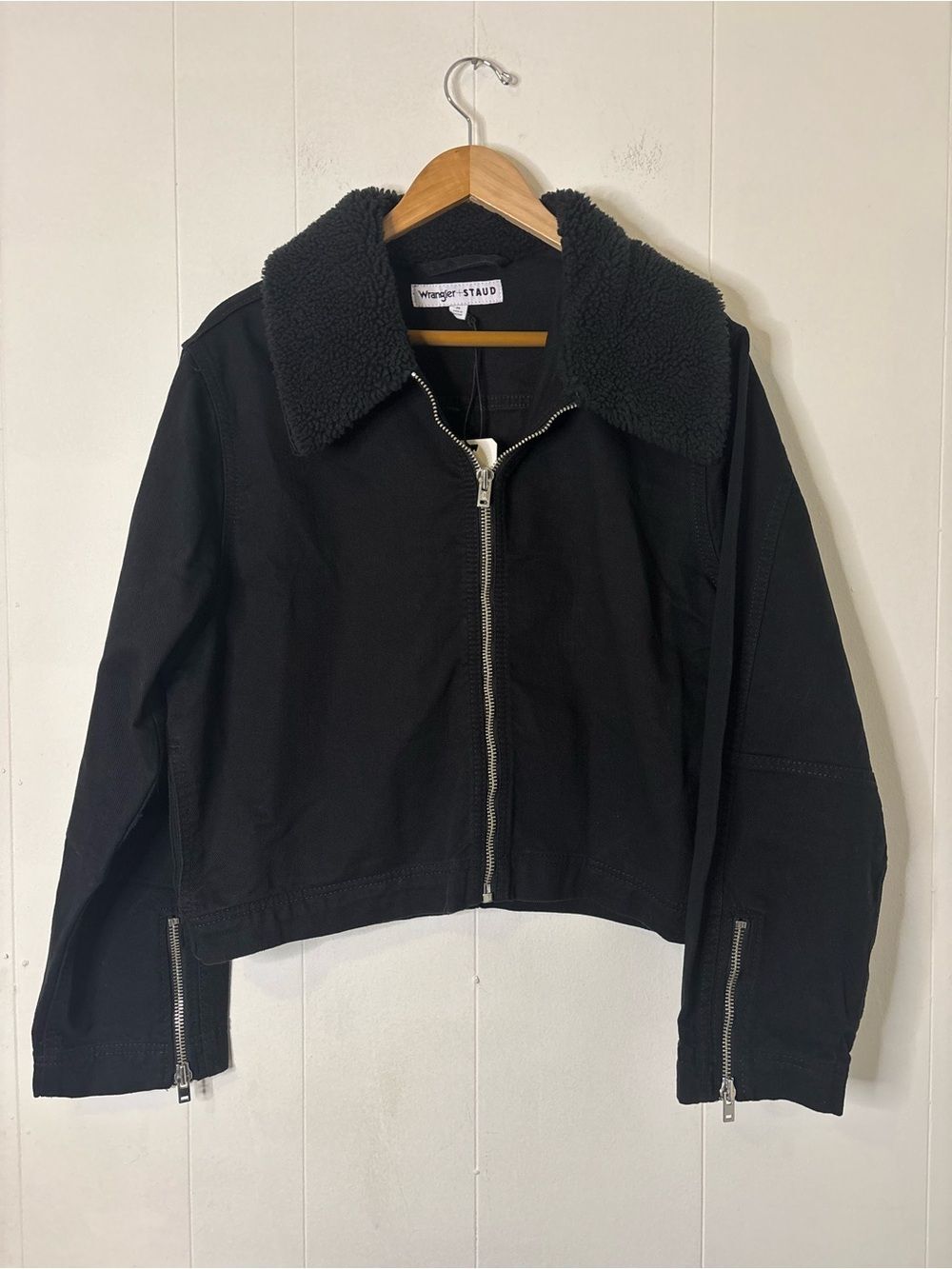 NWT Wrangler x STAUD - The Minimal Zip Front Jacket in Black Shearling, Medium